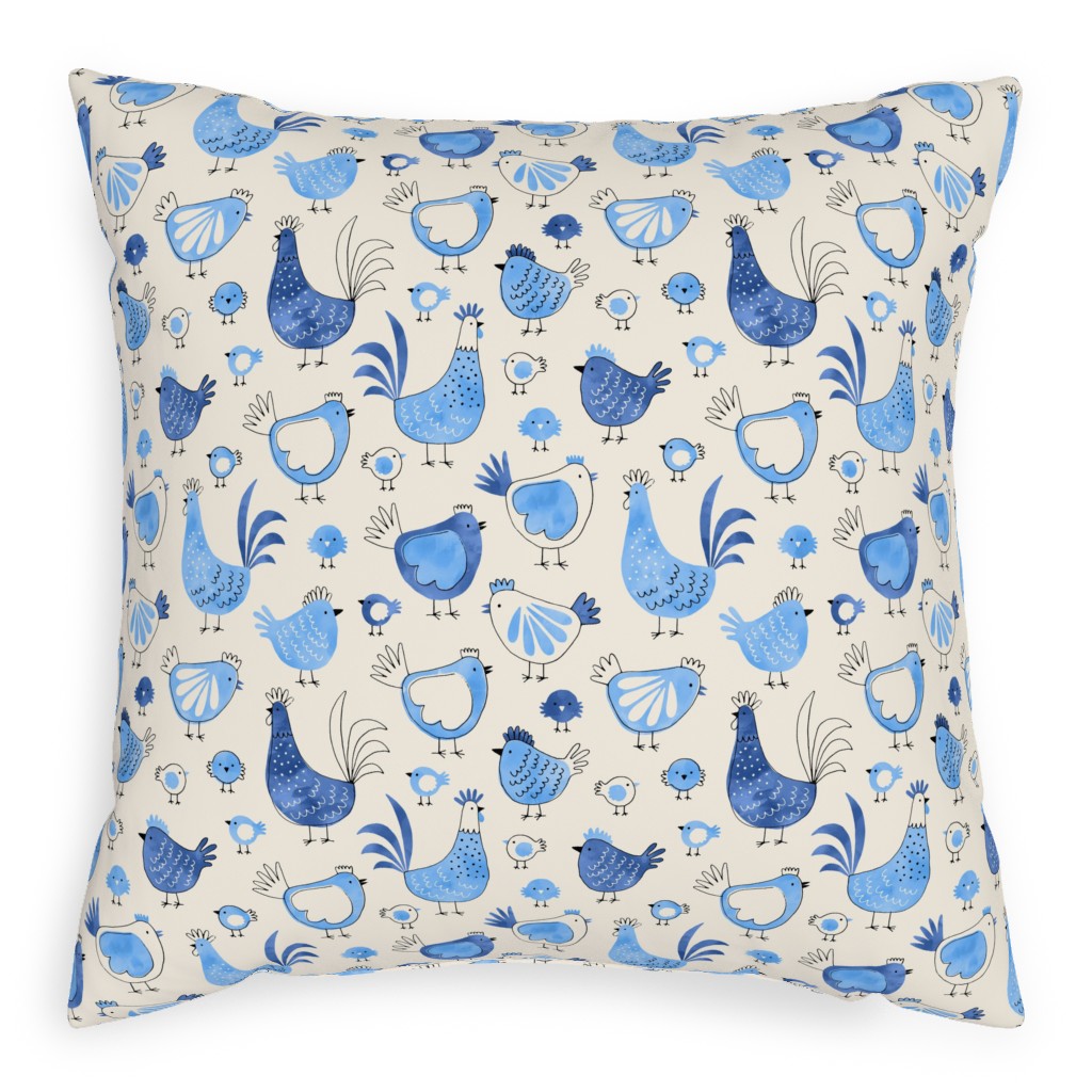 Chicken and Rooster - Watercolor - Blue on Creme Pillow, Woven, Beige, 20x20, Single Sided, Blue, True Blue