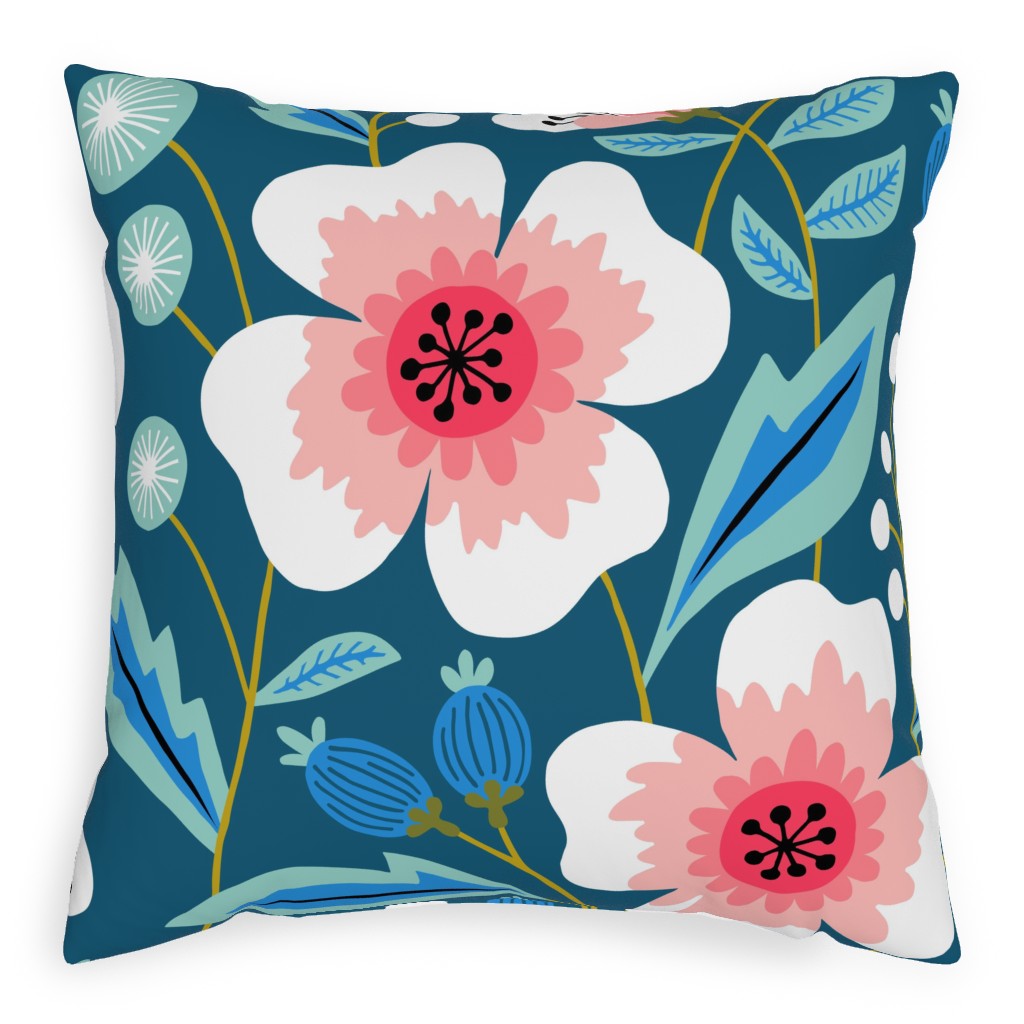 Colorful Spring Flowers - Pink on Blue Pillow, Woven, Beige, 20x20, Single Sided, Green