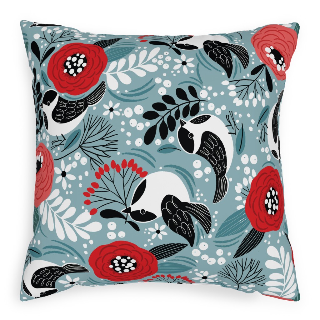 Winter Birds & Berries Pillow, Woven, Beige, 20x20, Single Sided, Multicolor