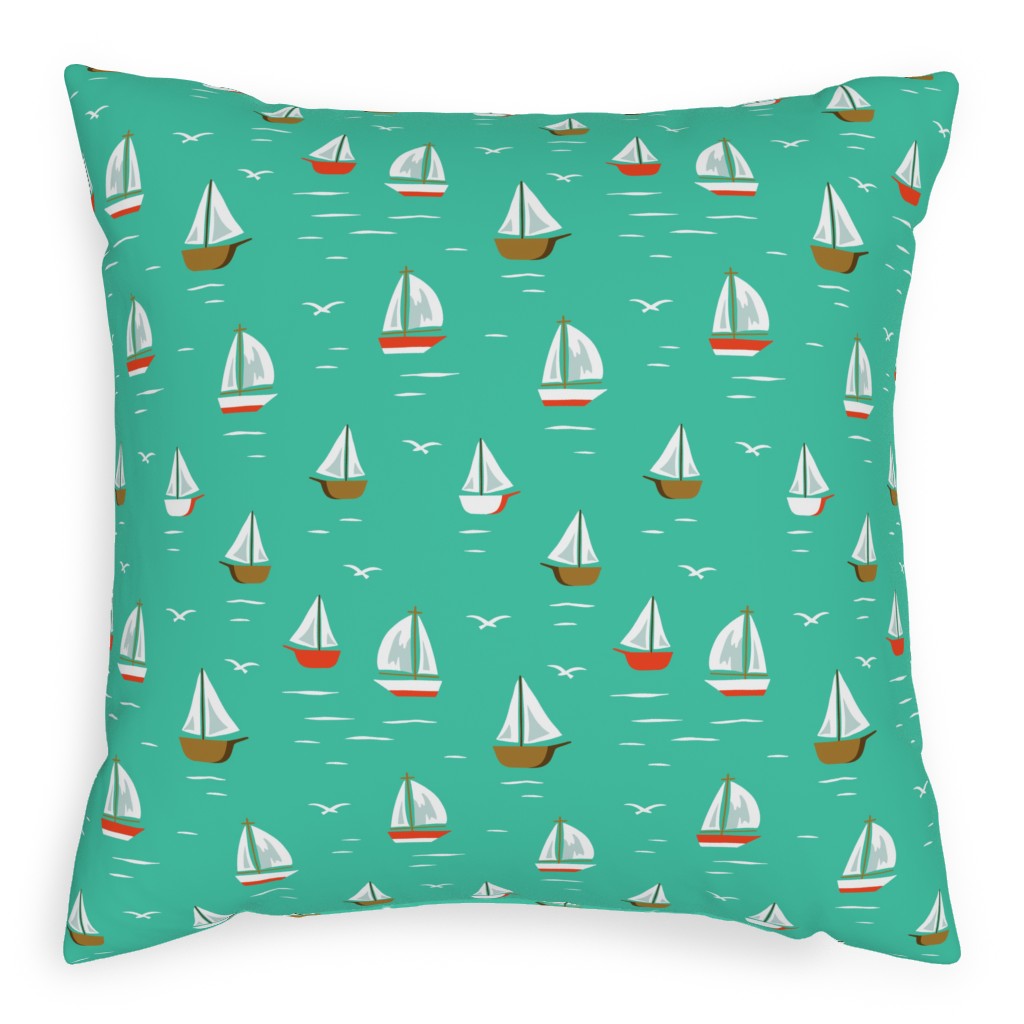 Sailboats Pillow, Woven, Beige, 20x20, Single Sided, Green