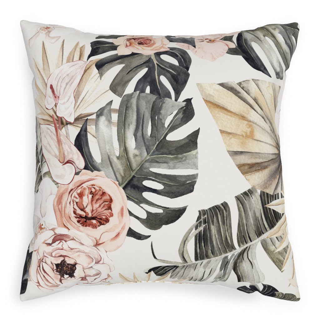 Paradise Palm, Peonies, and Tropical Plants - Multi Pillow, Woven, Beige, 20x20, Single Sided, Multicolor
