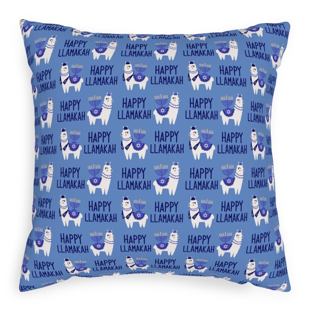 Happy Llamakah on Blue Pillow, Woven, Beige, 20x20, Single Sided, Blue, True Blue