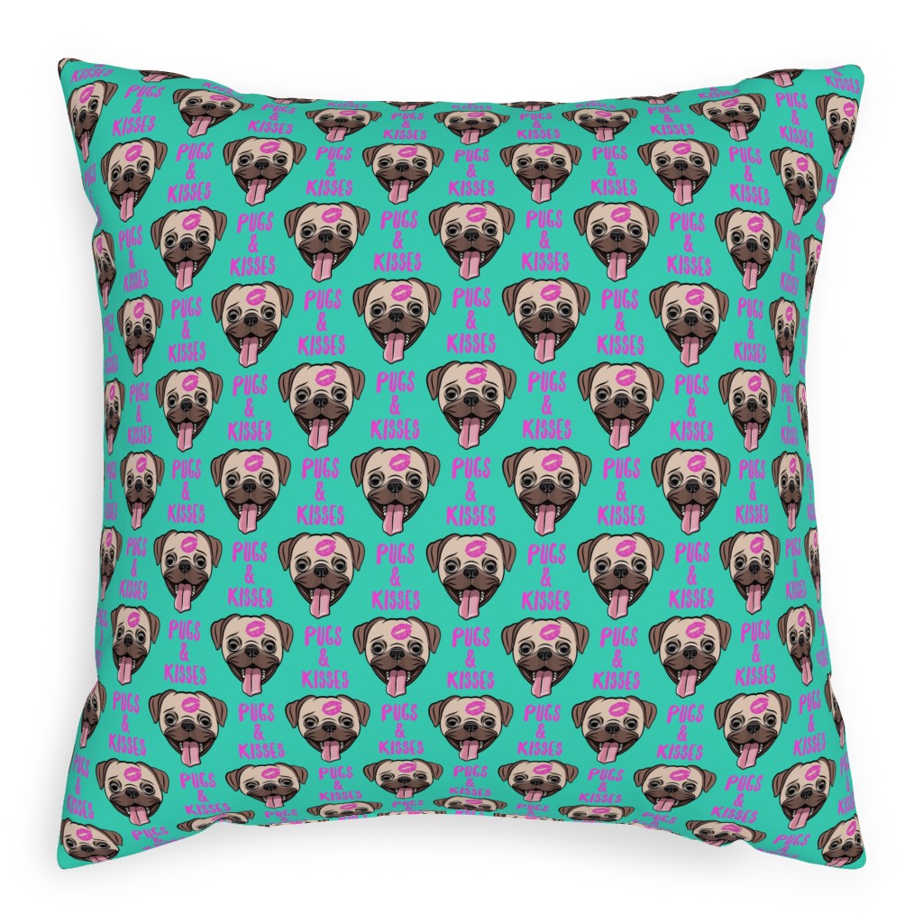 Pugs & Kisses - Cute Pug Dog - Teal Pillow, Woven, Beige, 20x20, Single Sided, Green