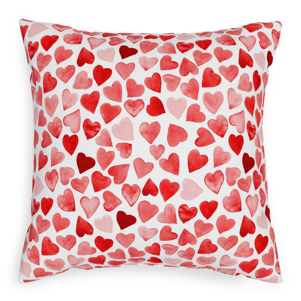 Red Hearts Watercolor - Red Pillow, Woven, Beige, 20x20, Single Sided, Red