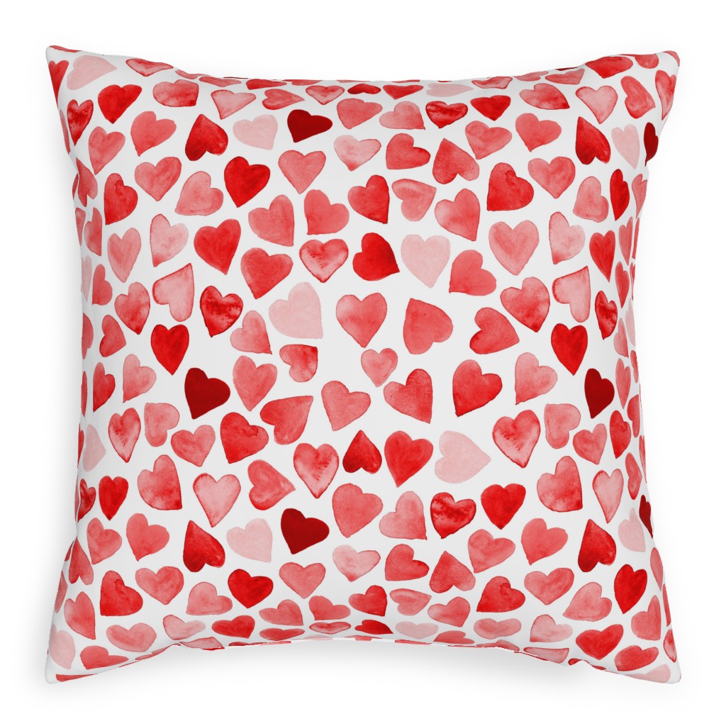 Red Hearts Watercolor - Red Pillow, Woven, Beige, 20x20, Single Sided, Red, Red