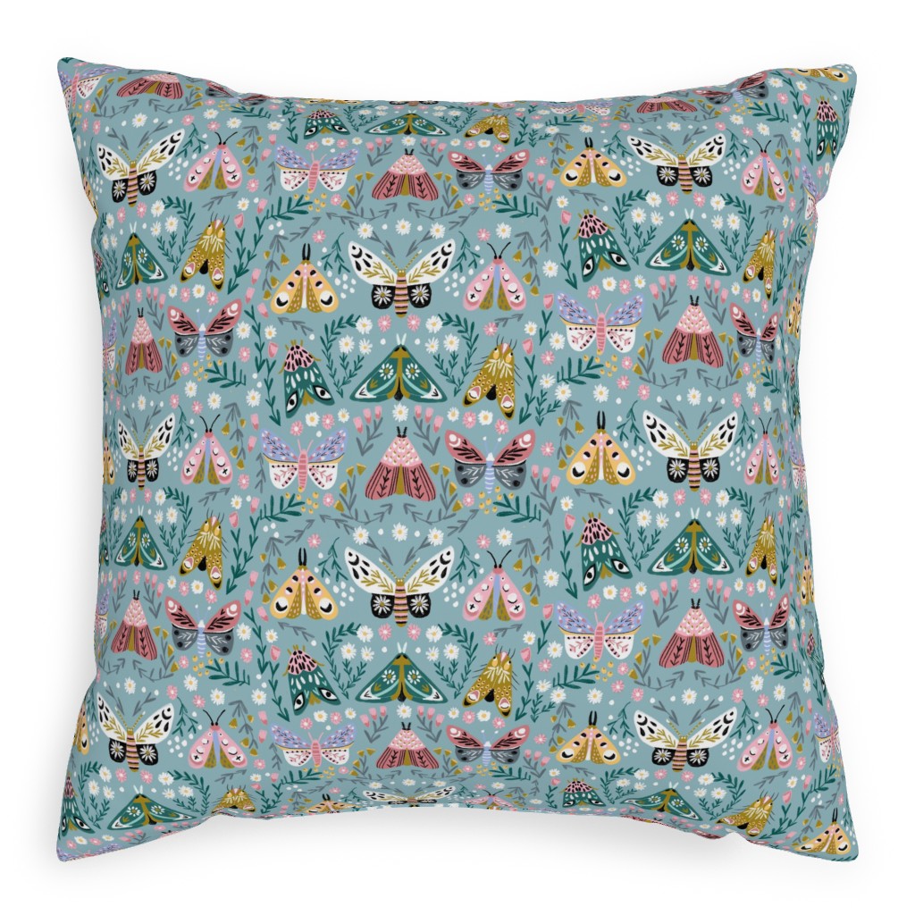 Spring Floral and Butterflies - Blue Pillow, Woven, Beige, 20x20, Single Sided, Multicolor