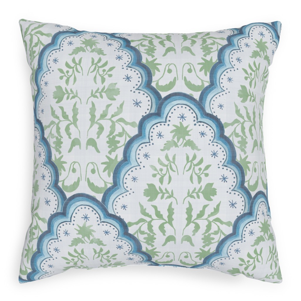 Scallop Paisley - Blue and Green Pillow, Woven, Beige, 20x20, Single Sided, Green, Classic Green