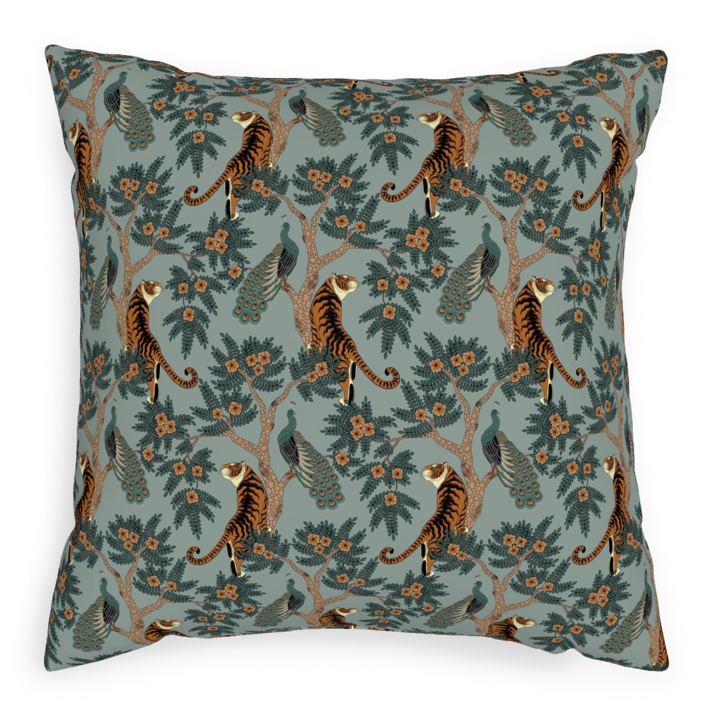 Tiger and Peacock - Blue Pillow, Woven, Beige, 20x20, Single Sided, Blue, True Blue