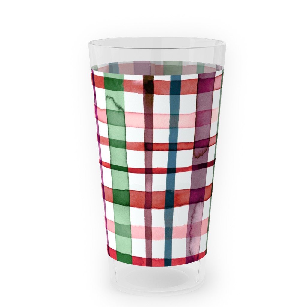 Watercolor Gingham - Red and Green Outdoor Pint Glass, Multicolor