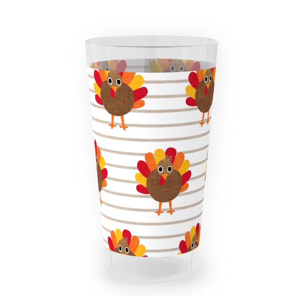 Cute Thanksgiving Turkey - on Khaki Stripes Outdoor Pint Glass, Orange