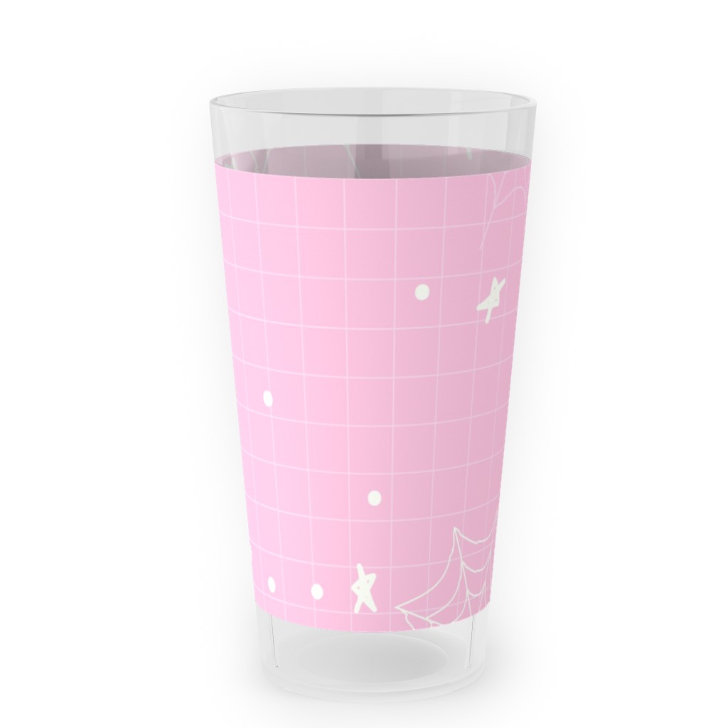 Pastel Halloween Web and Spider - Pink Outdoor Pint Glass, Pink