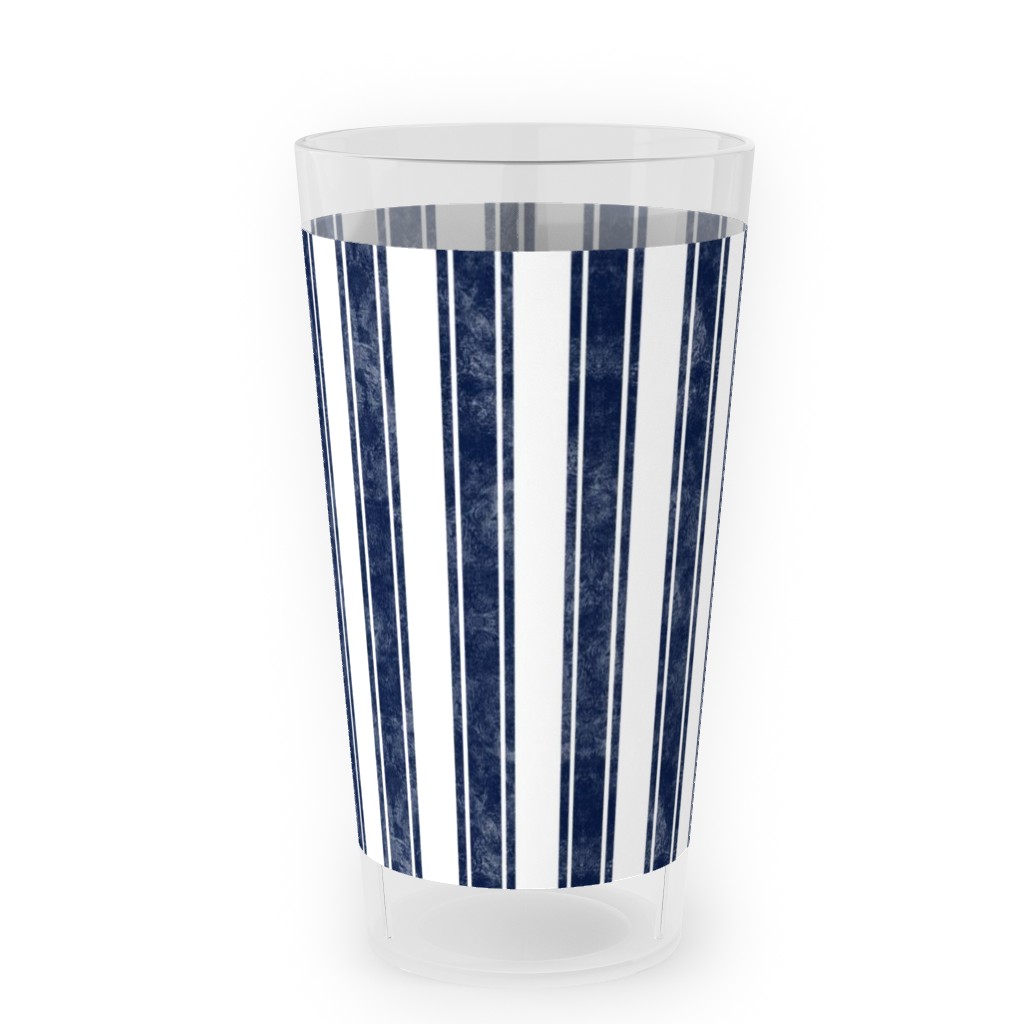 Vertical French Ticking Textured Pinstripes in Dark Midnight Navy and White Outdoor Pint Glass, Blue