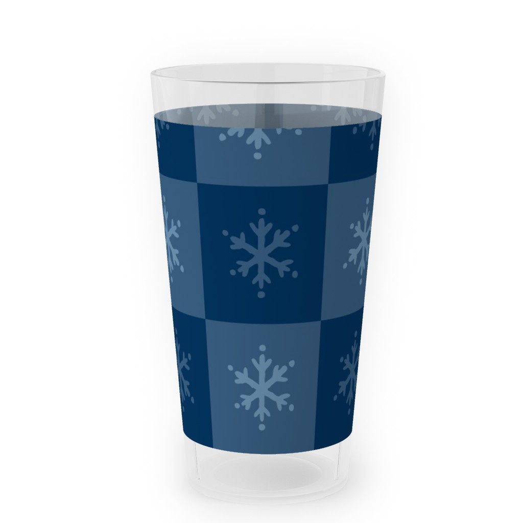 Scandi Cozy Winter Checkered Blue Snowflake Outdoor Pint Glass, Blue