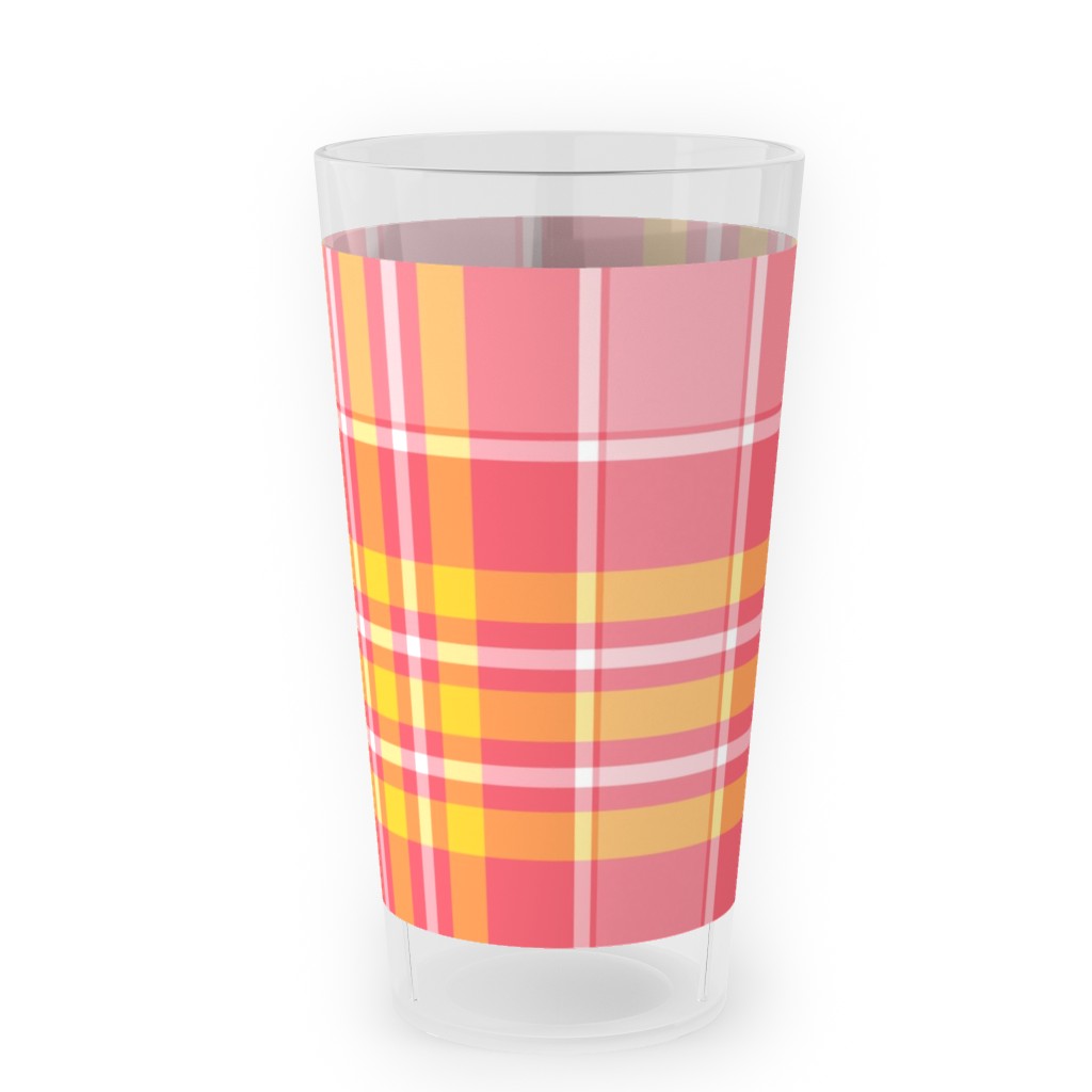 Plaid - Pink and Yellow Outdoor Pint Glass, Pink