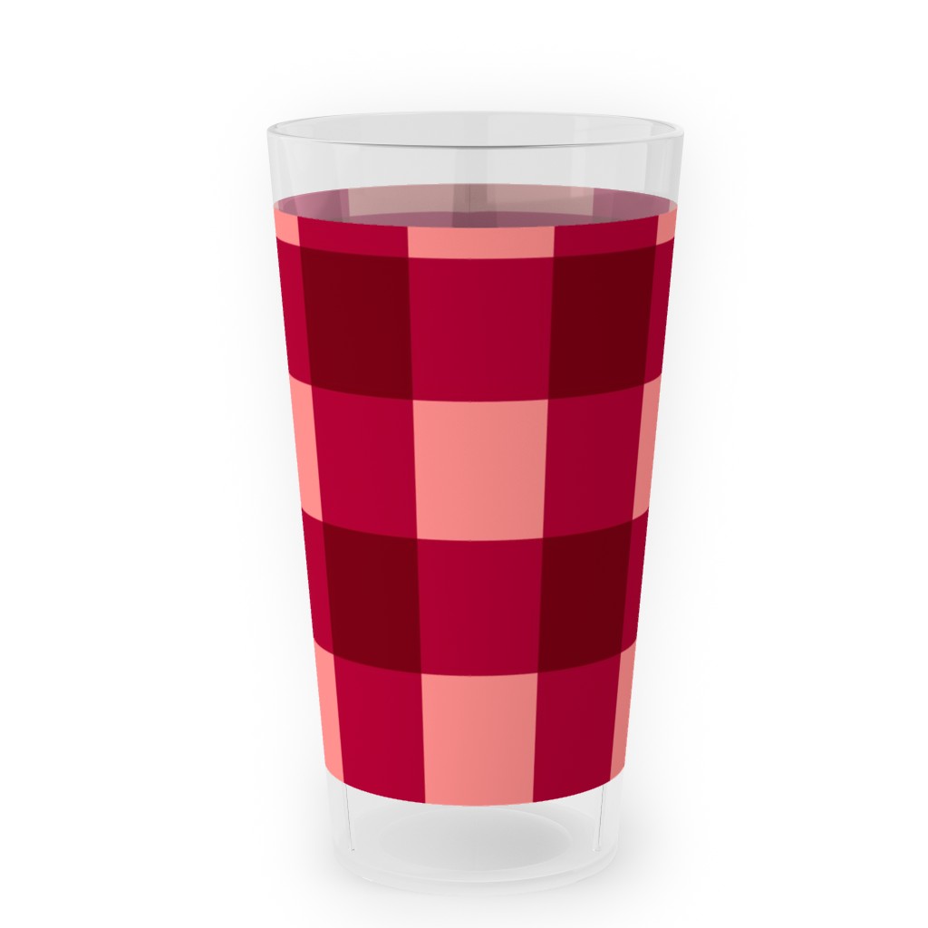 Gingham Check - Red and Pink Outdoor Pint Glass, Red
