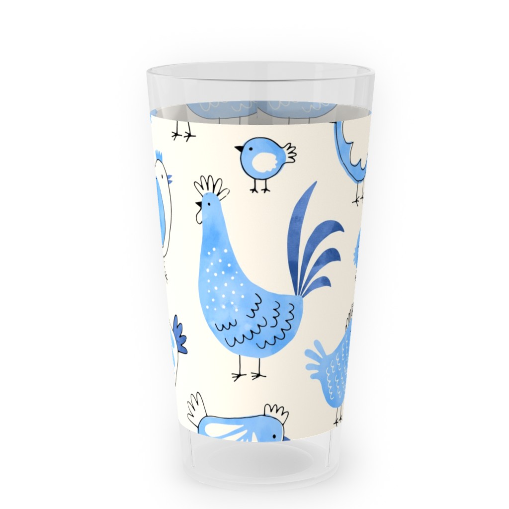 Chicken and Rooster - Watercolor - Blue on Creme Outdoor Pint Glass, Blue