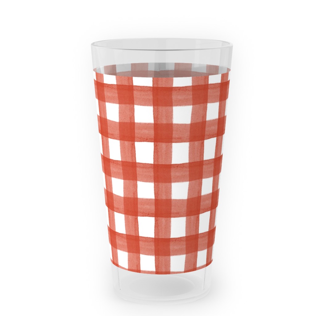 Red Watercolor Gingham Outdoor Pint Glass, Red