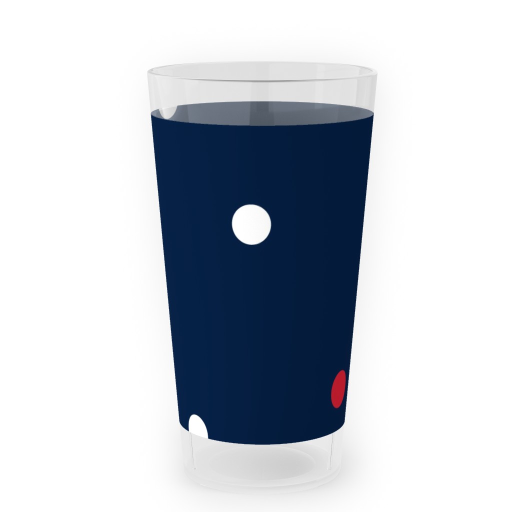 Mixed Polka Dots - Red White and Royal on Navy Blue Outdoor Pint Glass, Blue