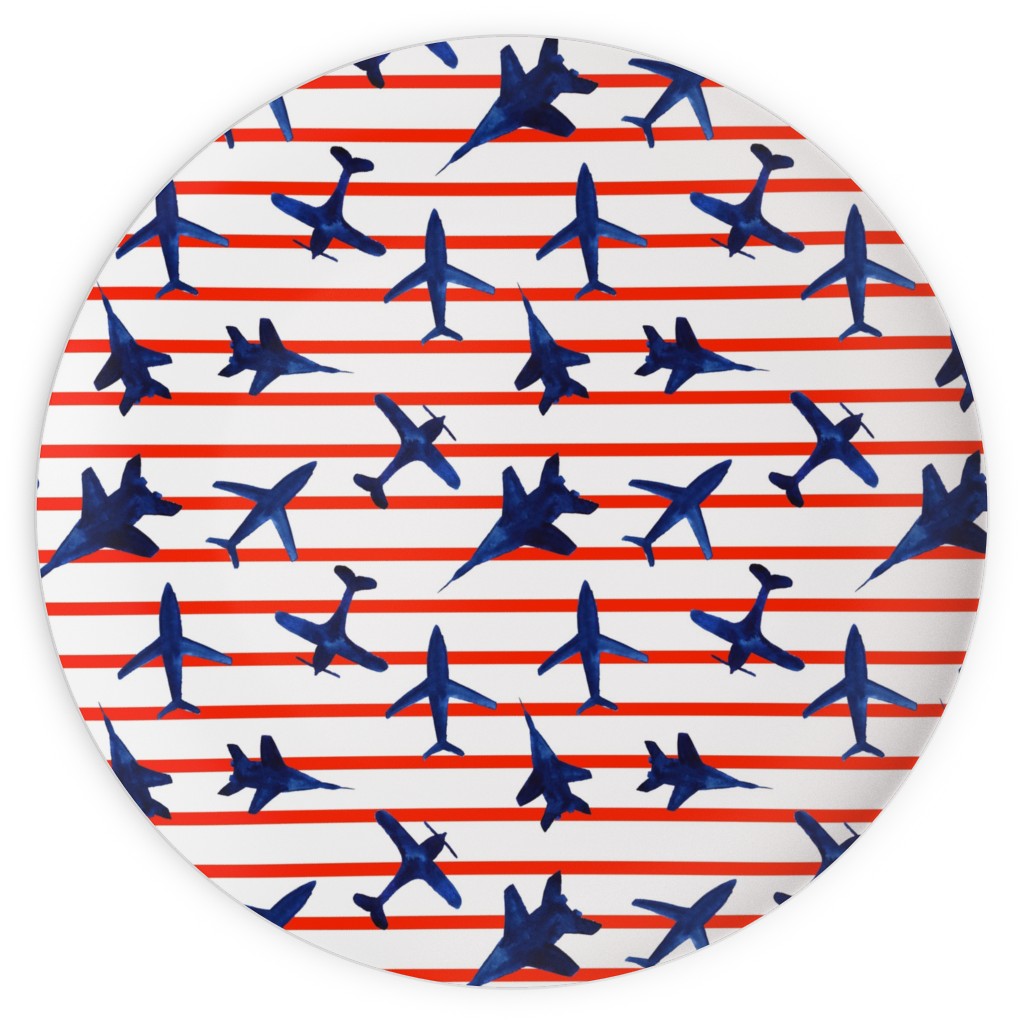 Patriotic Airplanes Watercolor - Blue With Red Stripes Plates, 10x10, Blue