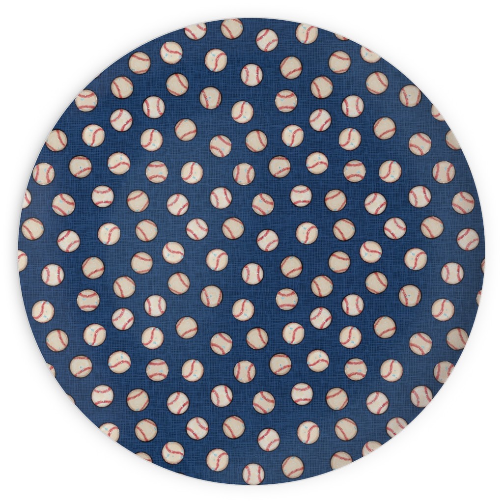 Baseball Balls on Blue Linen Plates, 10x10, Blue