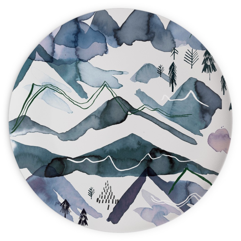 Watercolor Mountains Landscape - Blue Plates, 10x10, Blue