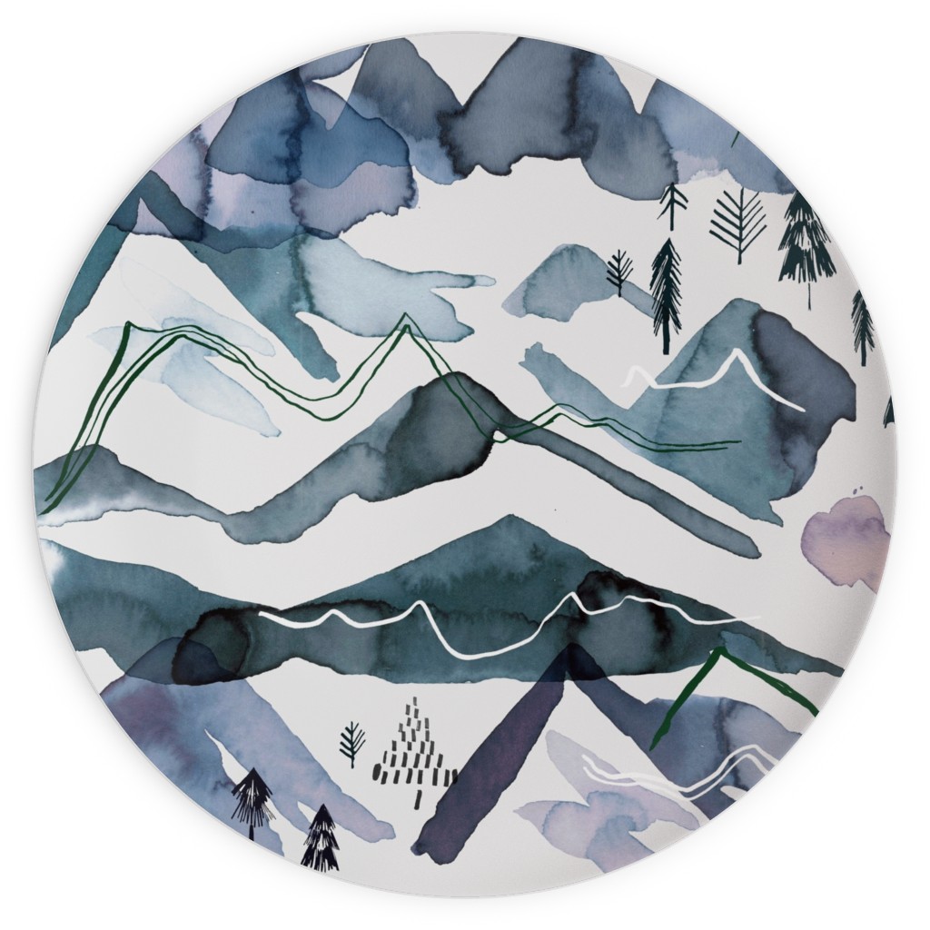 Watercolor Mountains Landscape - Blue Plates, 10x10, Blue, True Blue