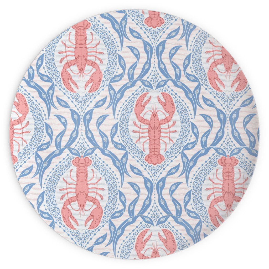 Lobster and Seaweed Nautical Damask - White, Coral Pink and Cornflower Blue Plates, 10x10, Blue, True Blue