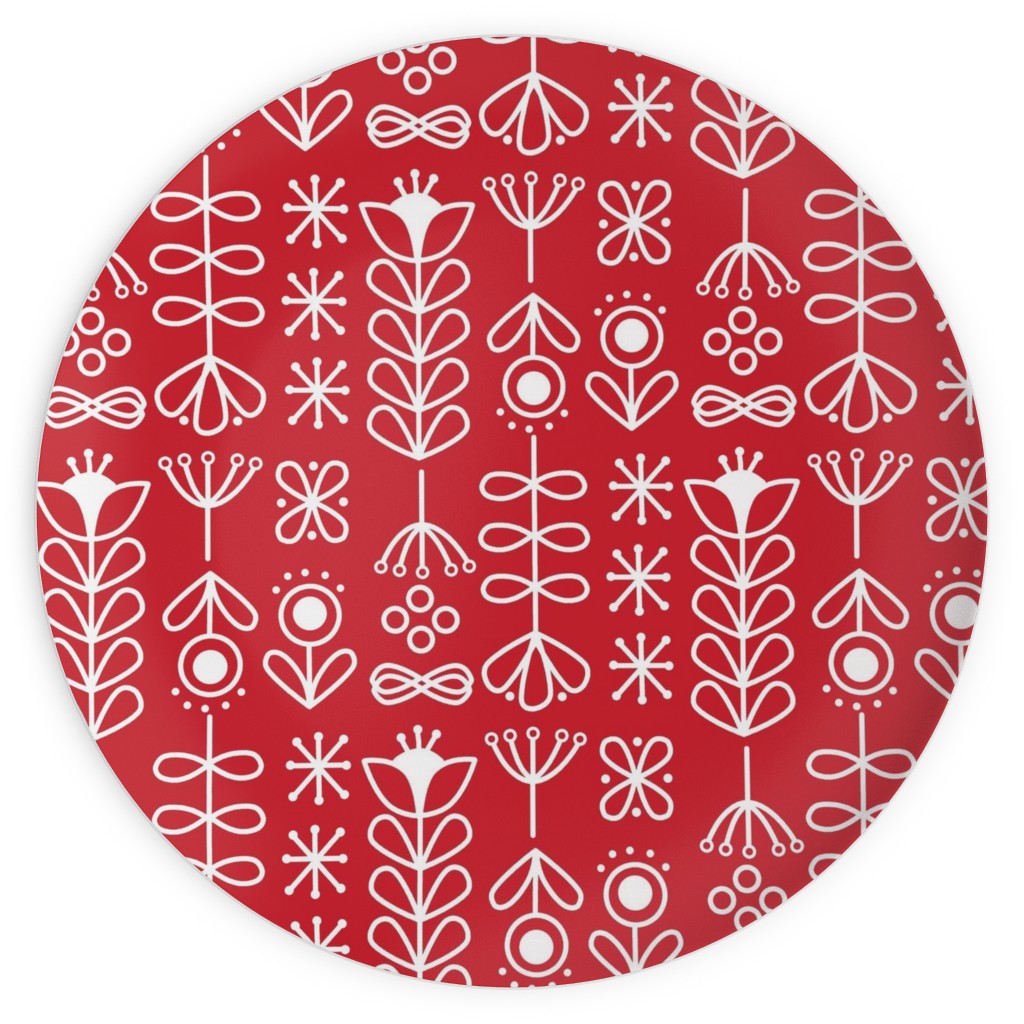 Red and White Nordic Mod Floral Plates, 10x10, Red, Red