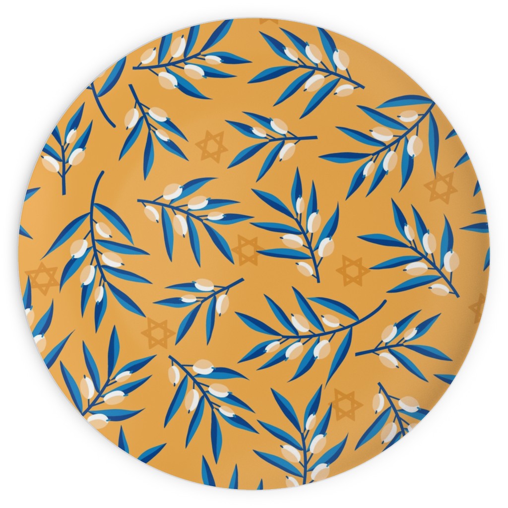 Olive Branches Hanukkah - Blue on Yellow Plates, 10x10, Yellow