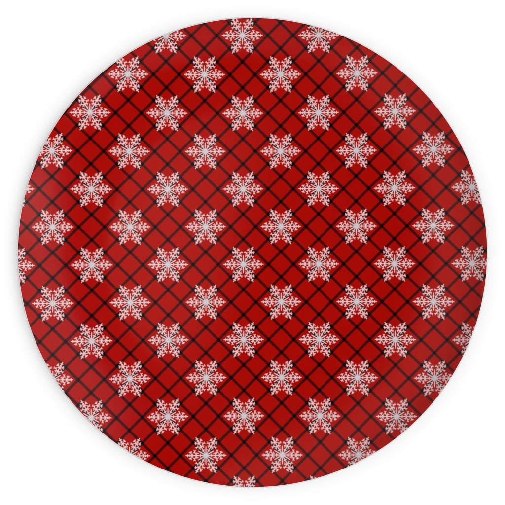 Snowy Winter Diagonal Checker Plaid - Red and Black Plates, 10x10, Red