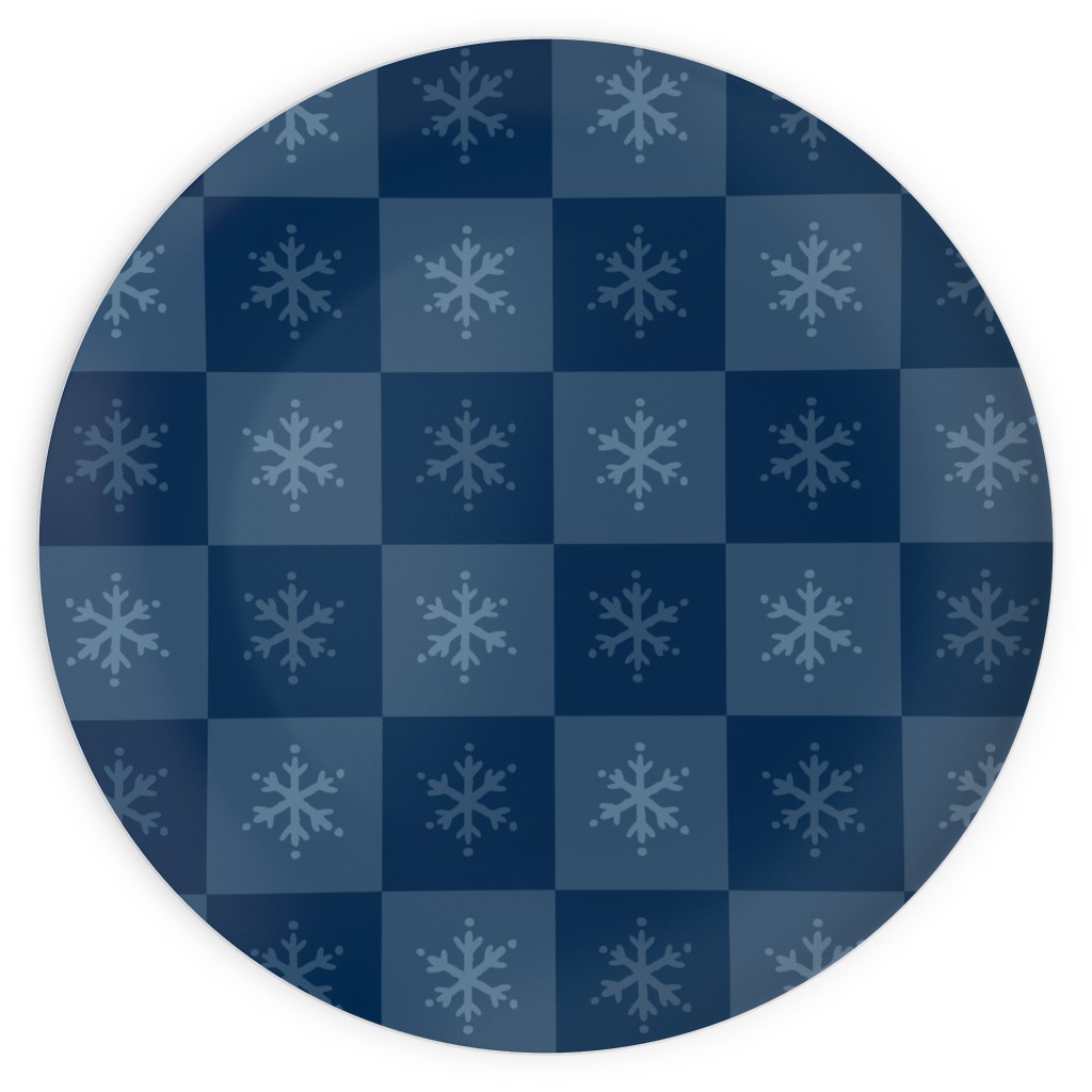 Scandi Cozy Winter Checkered Blue Snowflake Plates, 10x10, Blue