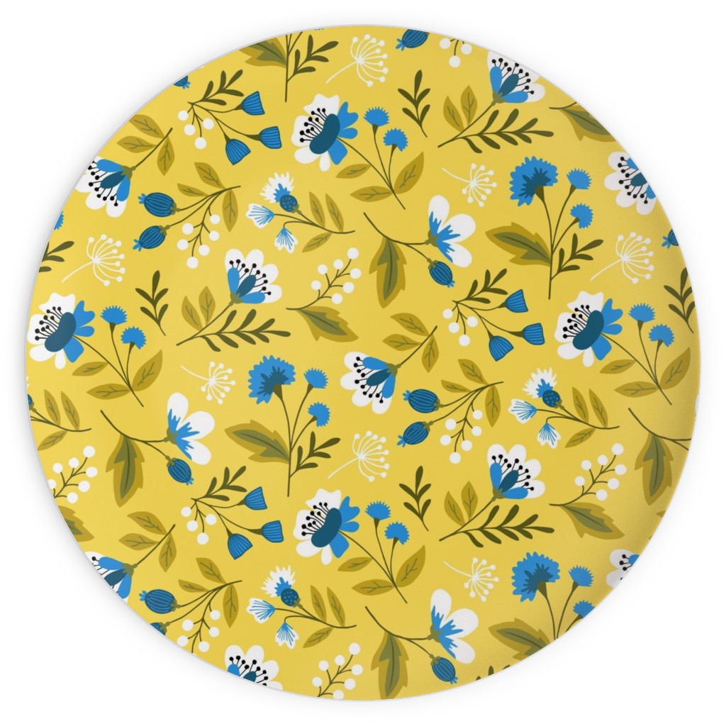 Colorful Spring Flowers - Blue on Yellow Plates, 10x10, Yellow
