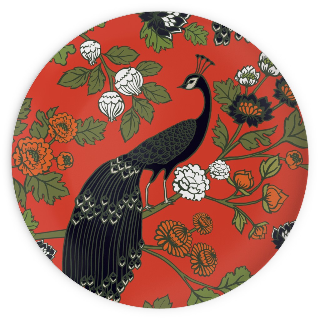 Peacock Garden - Red Plates, 10x10, Red