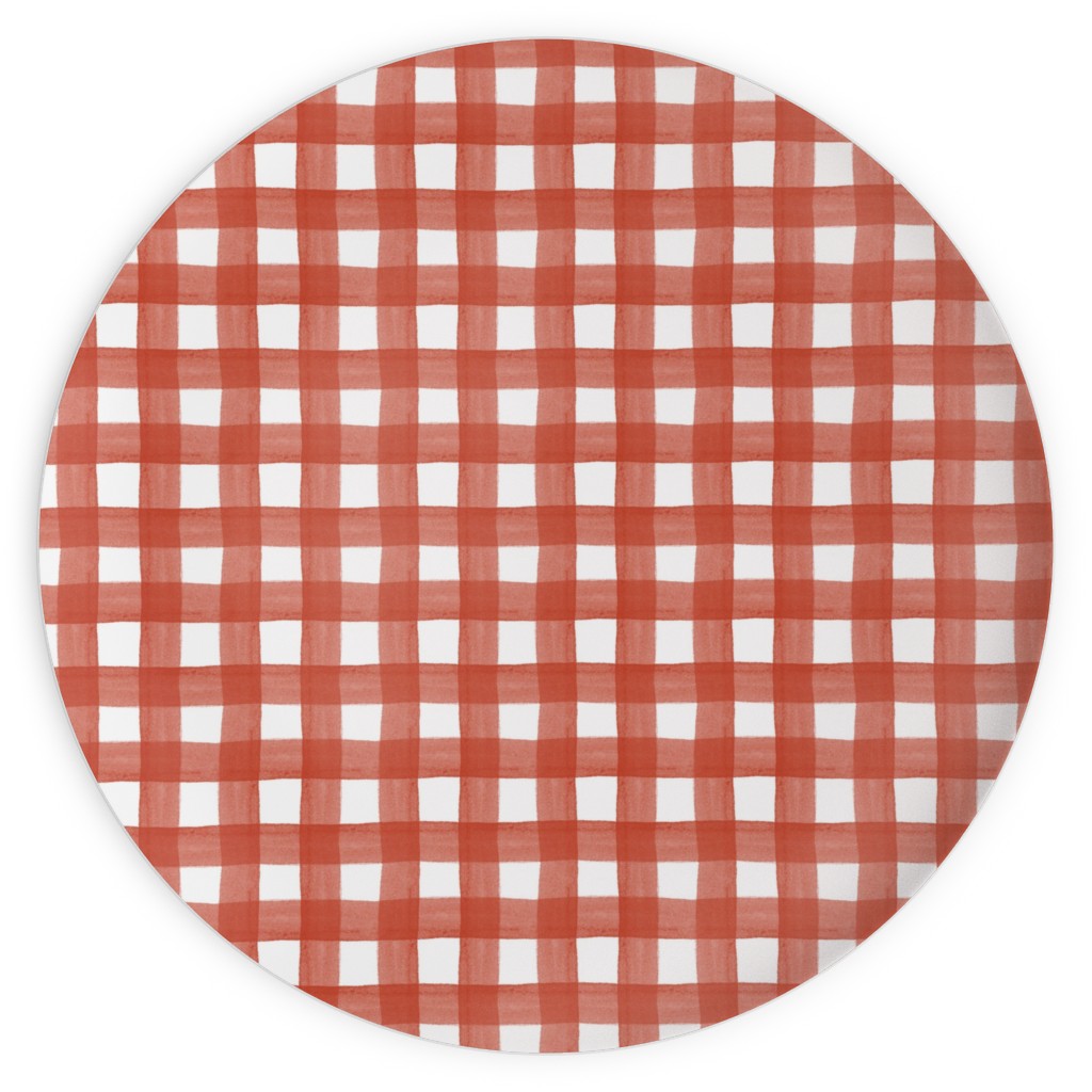 Red Watercolor Gingham Plates, 10x10, Red