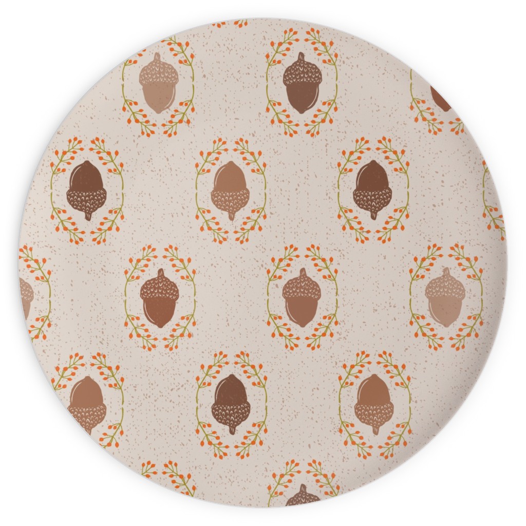 Autumn Acorn Rosehip Textured Damask Plates, 10x10, Beige