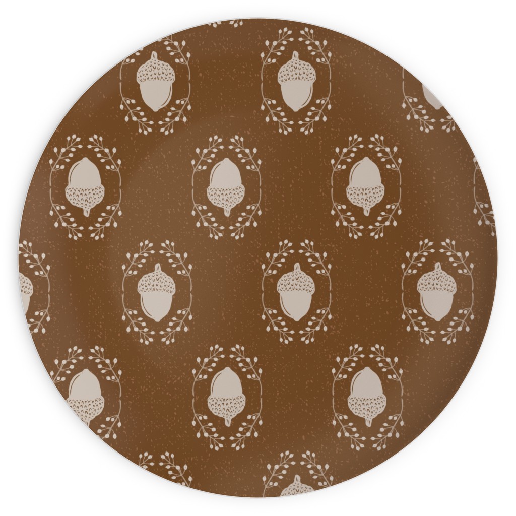 Autumn Acorn Rosehip Textured Damask Plates, 10x10, Brown