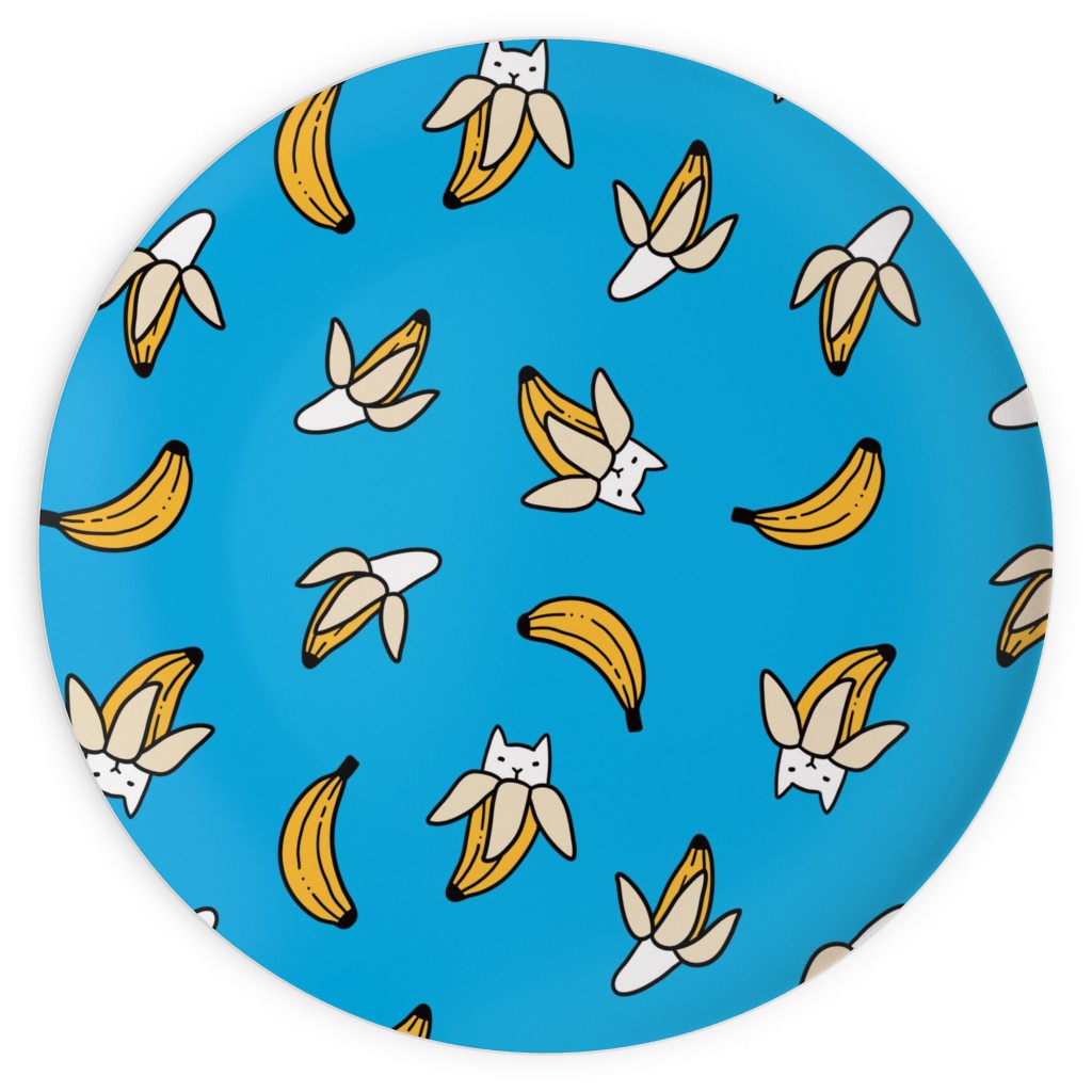 Funny Yummy Banana Cats - Blue Plates, 10x10, Blue