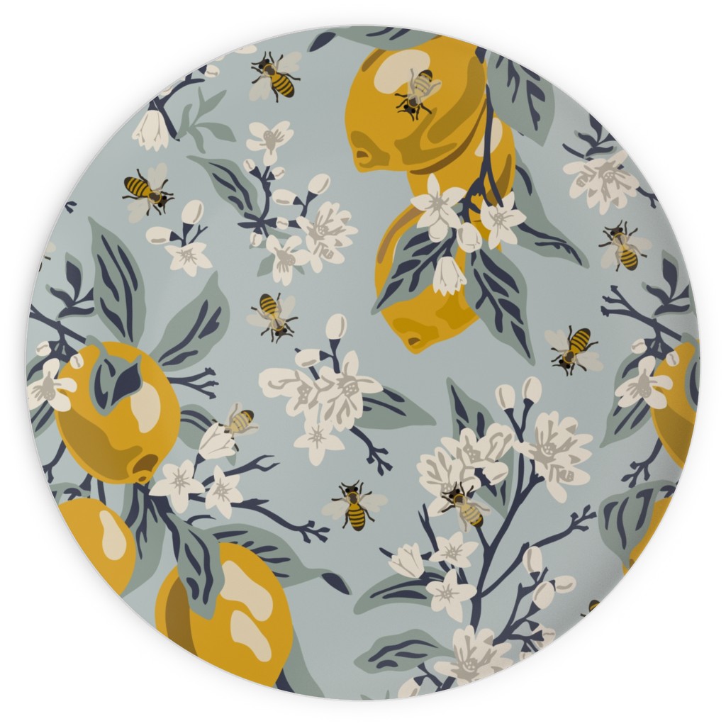 Bees & Lemons on Blue Plates, 10x10, Blue