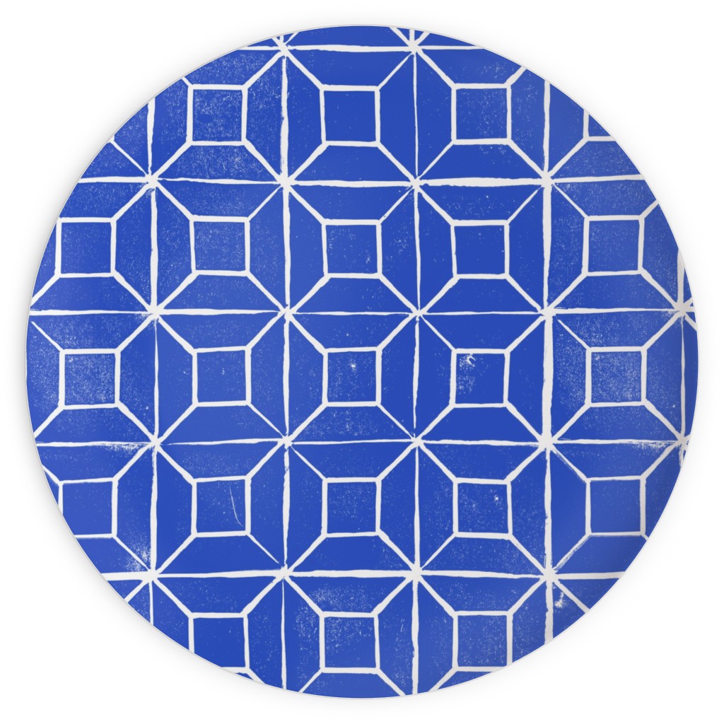 Geometric Lino - Cobalt Plates, 10x10, Blue