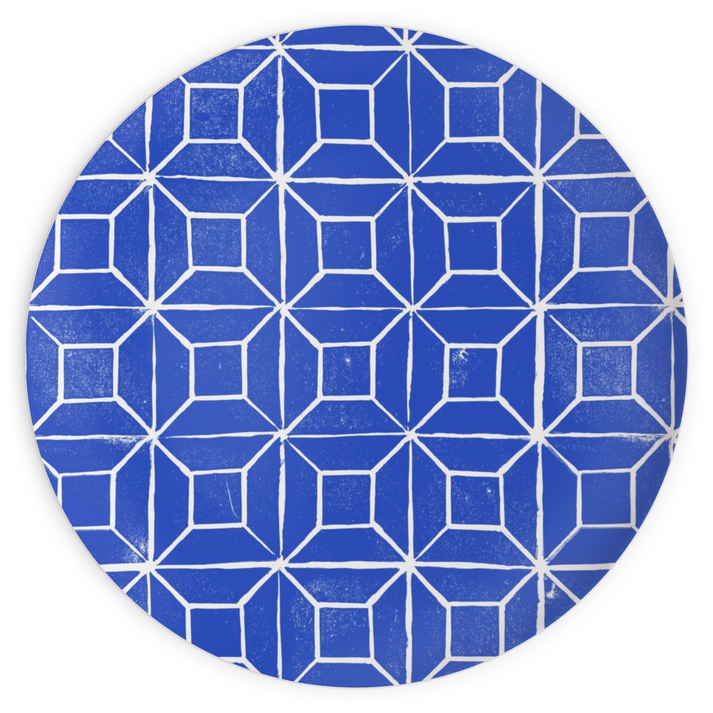 Geometric Lino - Cobalt Plates, 10x10, Blue, True Blue
