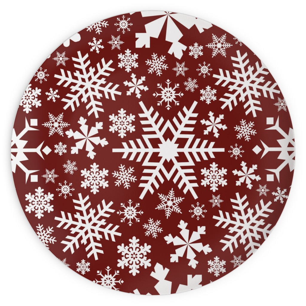 Christmas White Snowflakes on Red Background Plates, 10x10, Red, Red