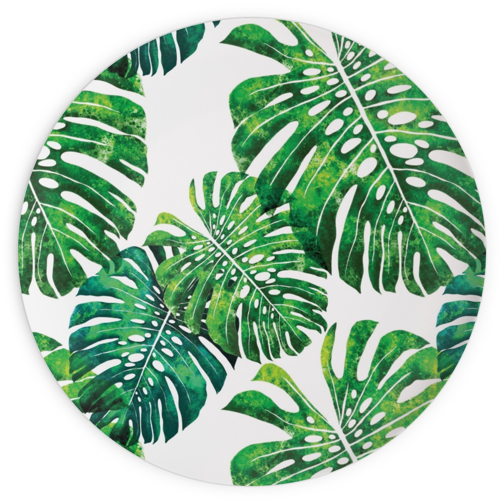 Monstera Leaves - Green on White Plates, 10x10, Green