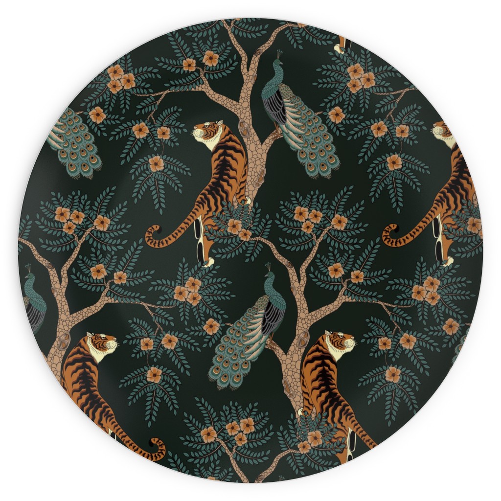 Tiger & Peacock on Black Plates, 10x10, Black