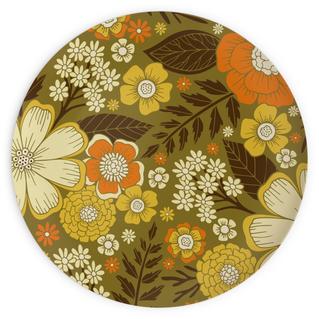 1970s Retro/Vintage Floral - Yellow and Brown Plates, 10x10, Yellow