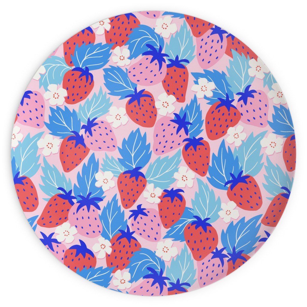 Papercut Strawberries - Blue and Pink Plates, 10x10, Multicolor