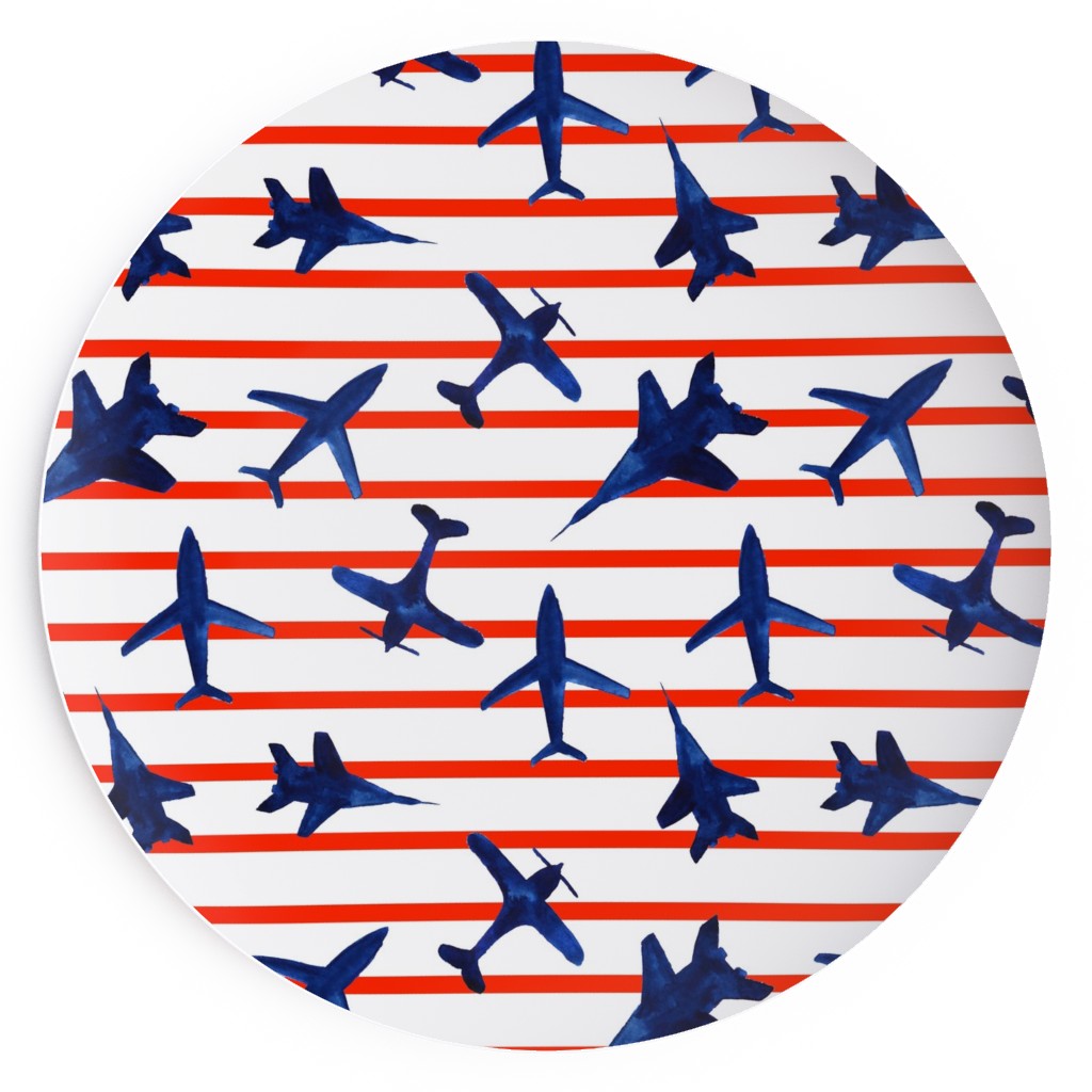 Patriotic Airplanes Watercolor - Blue With Red Stripes Salad Plate, Blue