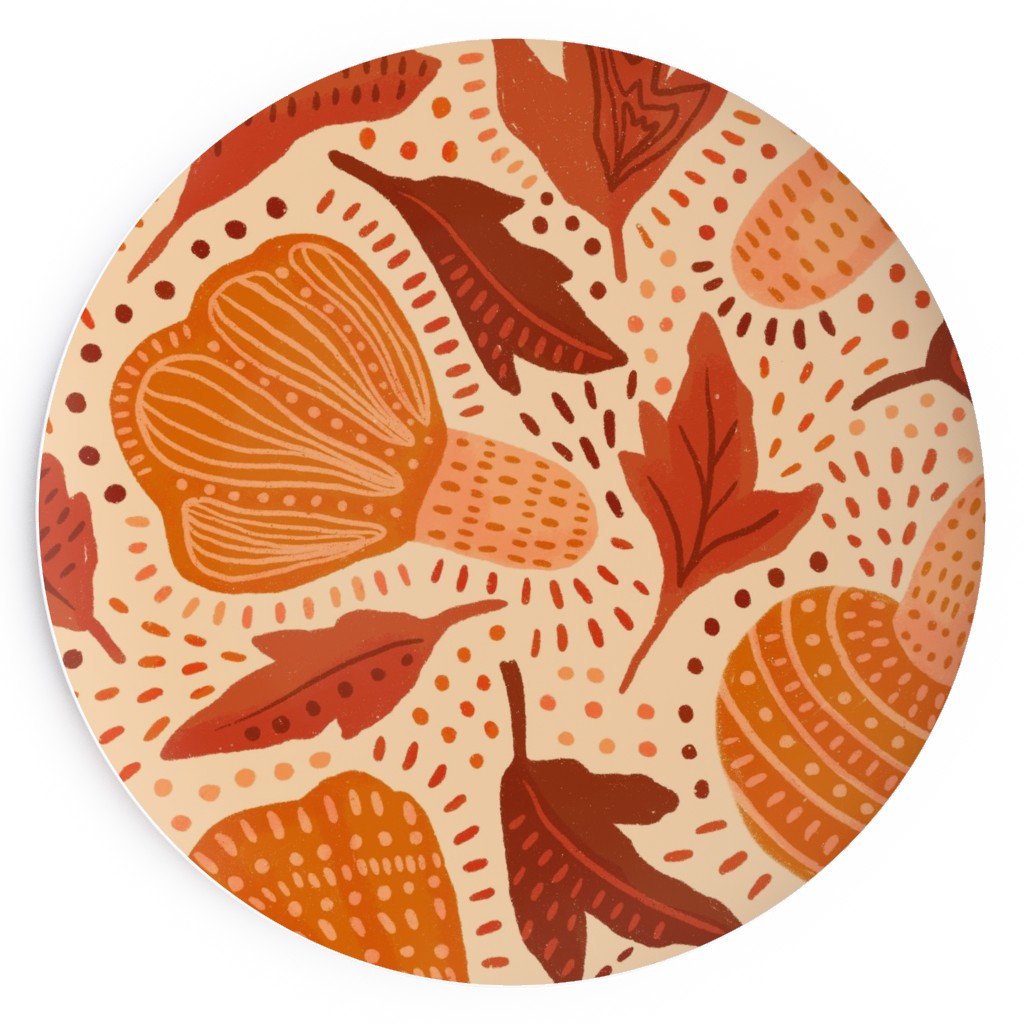 Autumn Mushrooms and Fallen Leaves Salad Plate, Orange