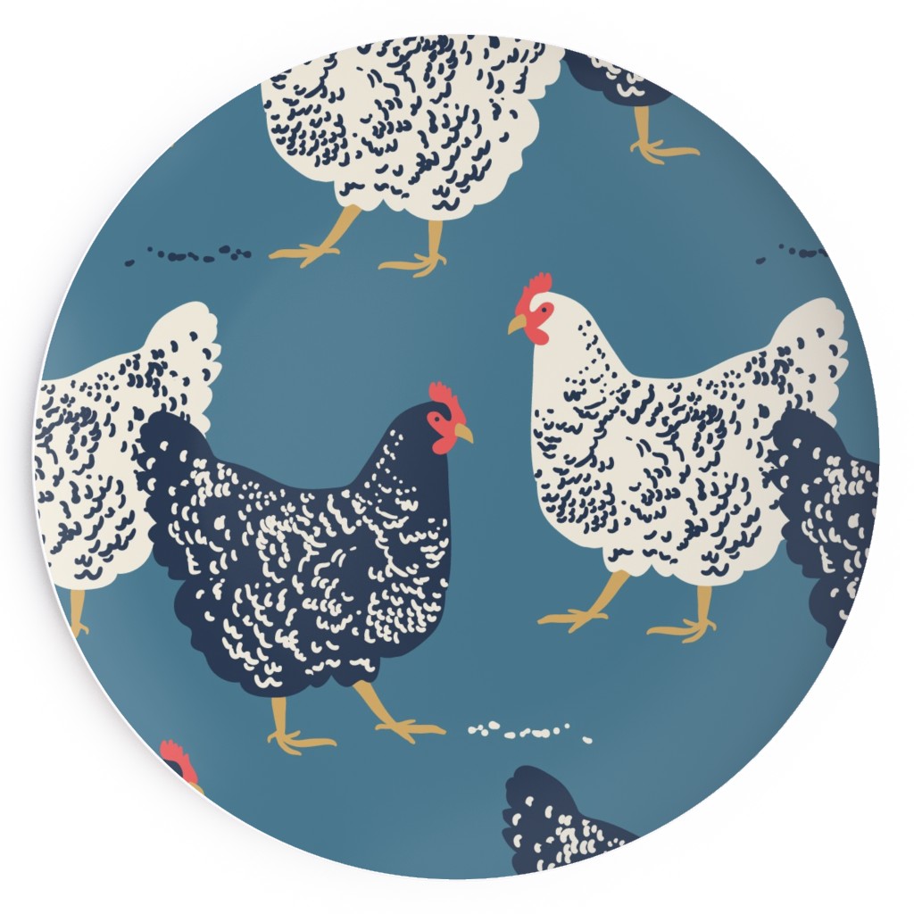 Farmhouse Chickens on Blue Salad Plate, Blue