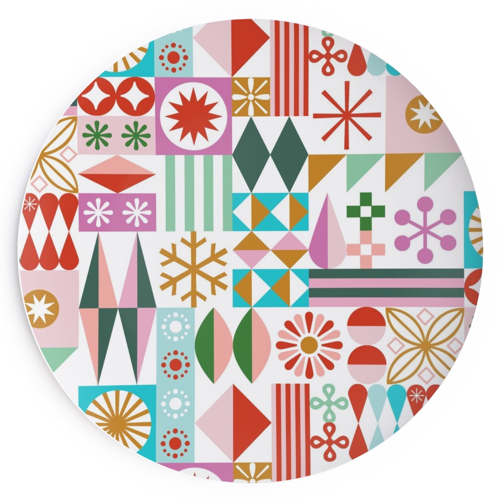 Santa's Workshop Geometric Stars Snowflakes Grid Holiday Stripes - Multi Salad Plate, Multicolor
