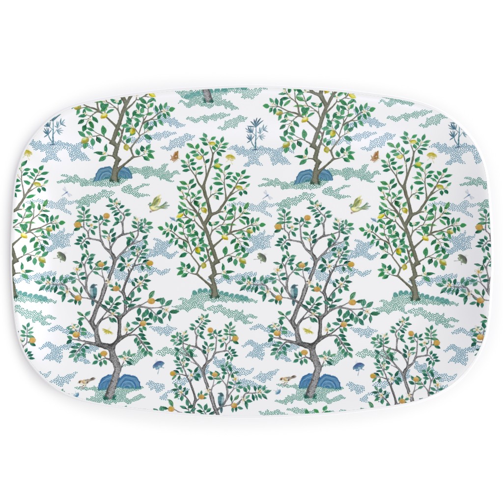 Citrus Trees - Blue and Green on White Serving Platter, Green